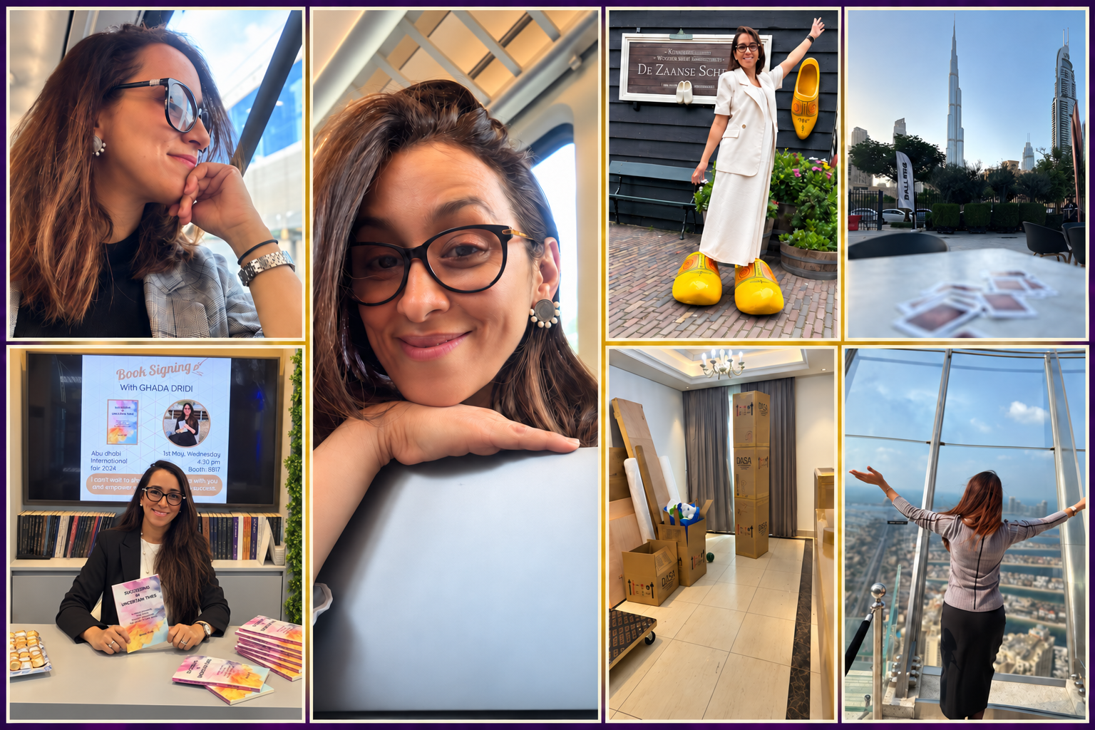 Photo mosaic of Dr. Ghada Dridi’s research, authorship and international relocation journey across Turkey Dubai and the Netherlands.